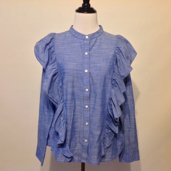 Gap Top Womens Medium Button Ruffle Blue - Picture 1 of 6